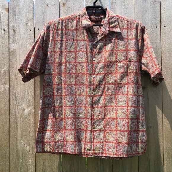 Tori Richard Men's Shirt Rust Red Mosaic Print Cotton Lawn Hawaiian Size L - Picture 9 of 11